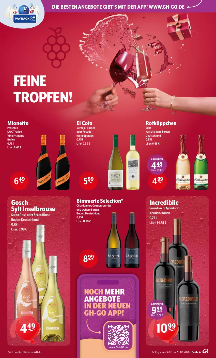 Aktueller Prospekt Getraenke Hoffmann - Prospekte - von 23.02 bis 28.02.2026 - strona 4 - produkty: angebot, angebote, Bad, brause, burgunder, chardonnay, ecco, eis, erde, frizzante, grauburgunder, merl, mionetto, primitivo, prosecco, reis, Ria, rioja, rotkäppchen, sekt, Ti
