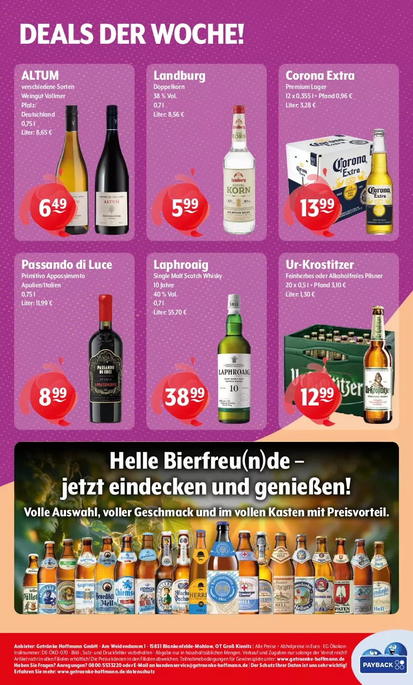 Aktueller Prospekt Getraenke Hoffmann - Prospekte - von 23.02 bis 28.02.2026 - strona 8 - produkty: abholpreise, alkohol, bier, corona, corona extra, decke, doppelkorn, eis, elle, getränk, getränke, gewinnspiel, korn, laphroaig, mac, pils, pilsner, preisvorteil, primitivo, reis, scotch, scotch whisky, sim, single malt, Spiele, Ti, wein, whisky