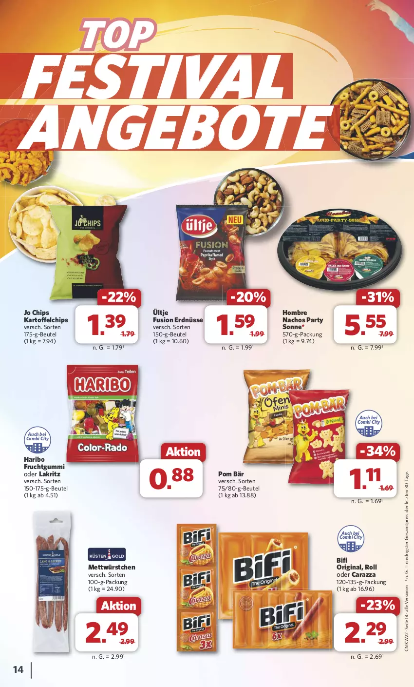 Aktueller Prospekt Combi - Prospekte - von 27.05 bis 01.06.2024 - strona 14 - produkty: angebot, angebote, beutel, bifi, chips, eis, erdnüsse, frucht, fruchtgummi, gin, haribo, kartoffel, kartoffelchips, Lakritz, Mett, nacho, Nachos, oder lakritz, reis, Ti, ültje, würstchen, ZTE