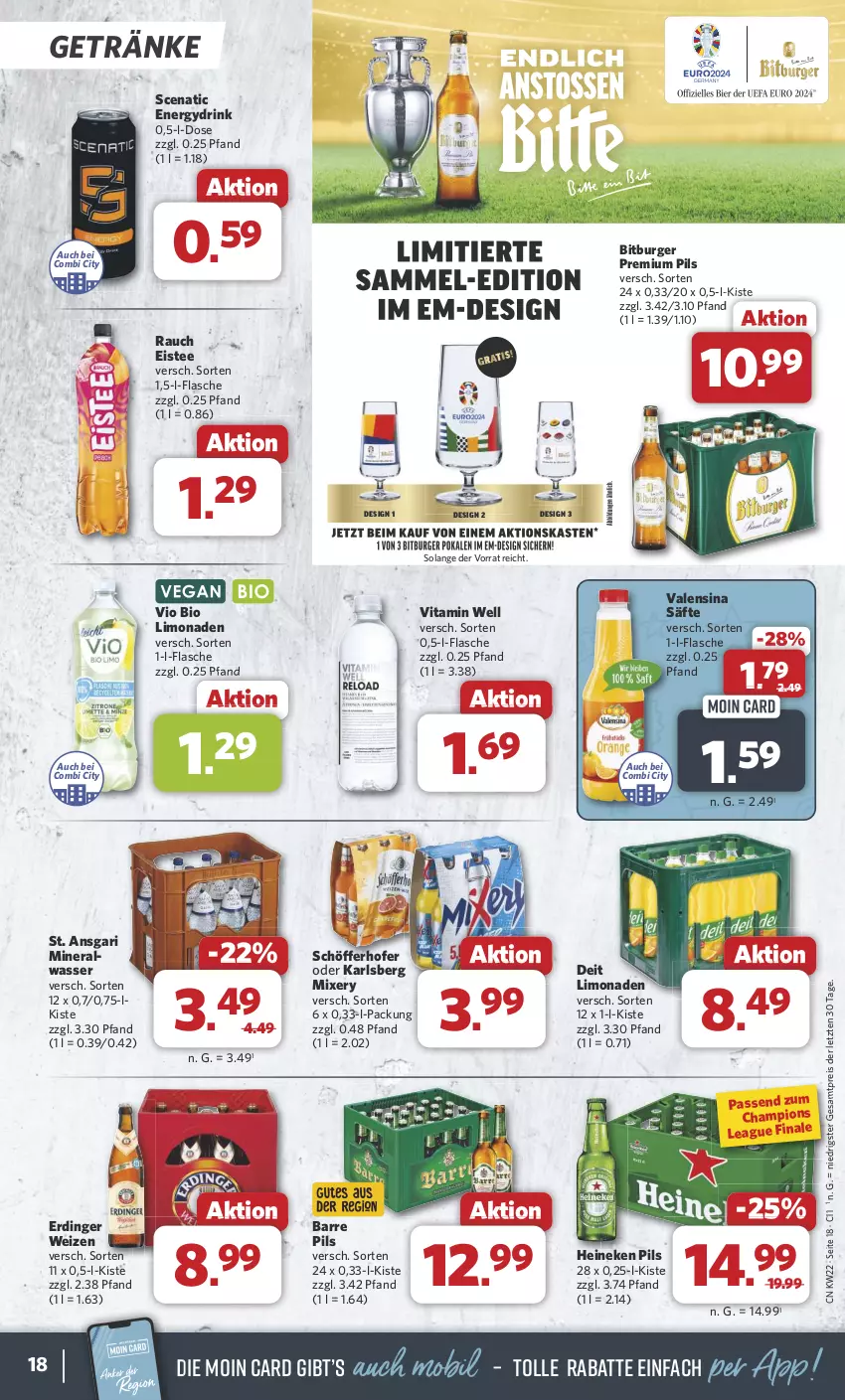 Aktueller Prospekt Combi - Prospekte - von 27.05 bis 01.06.2024 - strona 18 - produkty: bio, bio limo, bitburger, burger, champion, deit, drink, eis, eistee, erdinger, flasche, getränk, getränke, heineken, karlsberg, karlsberg mixery, limo, limonade, limonaden, Mixer, mixery, pils, premium pils, Rauch, reis, säfte, schöfferhofer, tee, Ti, valensina, vio bio limo, vita, wasser, ZTE