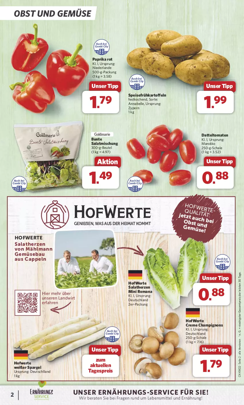 Aktueller Prospekt Combi - Prospekte - von 27.05 bis 01.06.2024 - strona 2 - produkty: Bau, beutel, Cap, champignon, champignons, creme, datteltomaten, eis, elle, Frühkartoffeln, kartoffel, kartoffeln, lebensmittel, obst, Obst und Gemüse, paprika, paprika rot, reis, salat, salatherzen, Schal, Schale, spargel, speisefrühkartoffeln, Ti, tomate, tomaten, und gemüse, ZTE