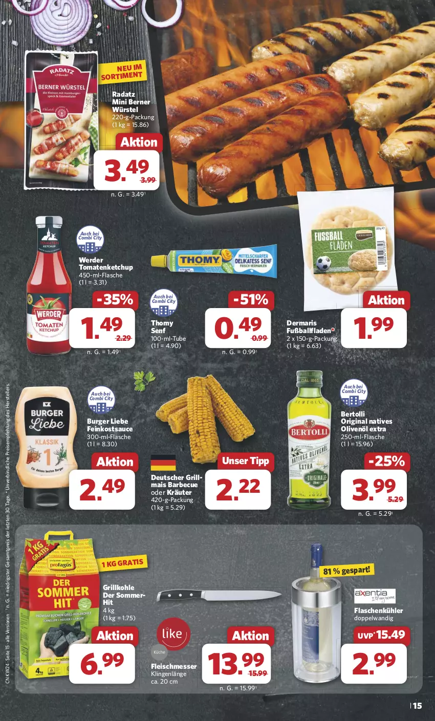 Aktueller Prospekt Combi - Prospekte - von 10.06 bis 15.06.2024 - strona 15 - produkty: ball, barbecue, bertolli, burger, eis, elle, erde, feinkost, flasche, fleisch, Fußball, gin, grill, Grillkohle, Grillmais, ketchup, kräuter, mais, messer, natives olivenöl, oder kräuter, olive, oliven, olivenöl, olivenöl extra, reis, sauce, senf, teller, thomy, Ti, tomate, tomaten, tomatenketchup, ZTE