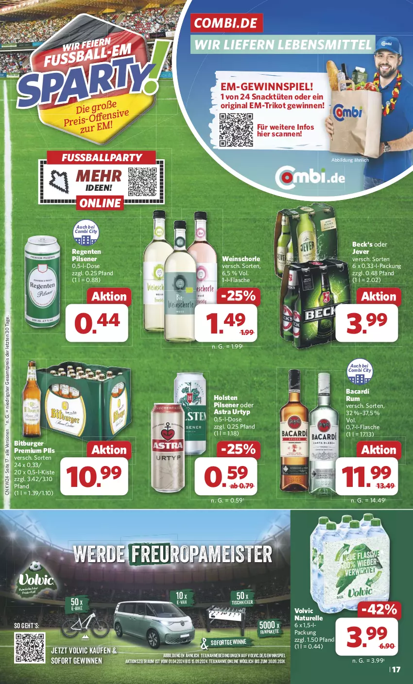 Aktueller Prospekt Combi - Prospekte - von 10.06 bis 15.06.2024 - strona 17 - produkty: Astra, ball, bitburger, burger, E-Bike, eis, elle, ente, erde, flasche, gewinnspiel, gin, holsten, holsten pilsener, jever, lebensmittel, Meister, natur, pils, pilsener, premium pils, reis, rel, rum, schorle, snack, Ti, tisch, Trikot, Tüte, urtyp, volvic, wein, weinschorle, ZTE