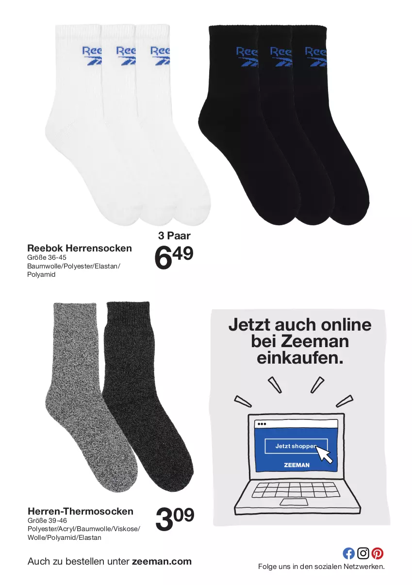 Aktueller Prospekt Zeeman - Prospekte - von 30.11 bis 06.12.2024 - strona 4 - produkty: Bau, baumwolle, elle, Herrensocken, LG, Reebok, socken, wolle