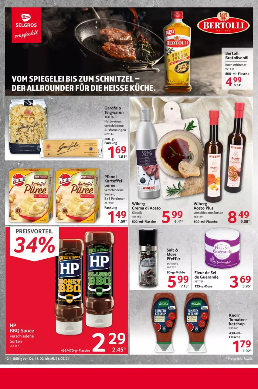 Aktueller Prospekt Selgros - Food - von 15.02 bis 21.02.2024 - strona 12 - produkty: aceto, bertolli, flasche, hartweizen, kartoffel, ketchup, knorr, olive, oliven, olivenöl, pfanni, pfeffer, püree, schnitzel, spiegel, teigwaren, Ti, tomate, tomaten