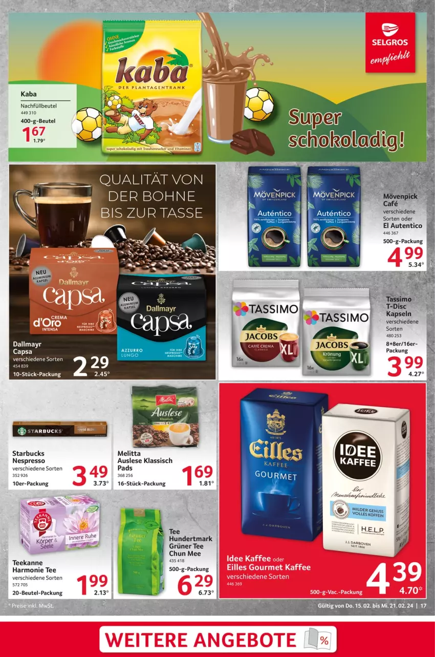 Aktueller Prospekt Selgros - Food - von 15.02 bis 21.02.2024 - strona 17 - produkty: beutel, bohne, Cap, dallmayr, espresso, grüner tee, jacobs, melitta, nespresso, starbucks, tee, teekanne, Ti