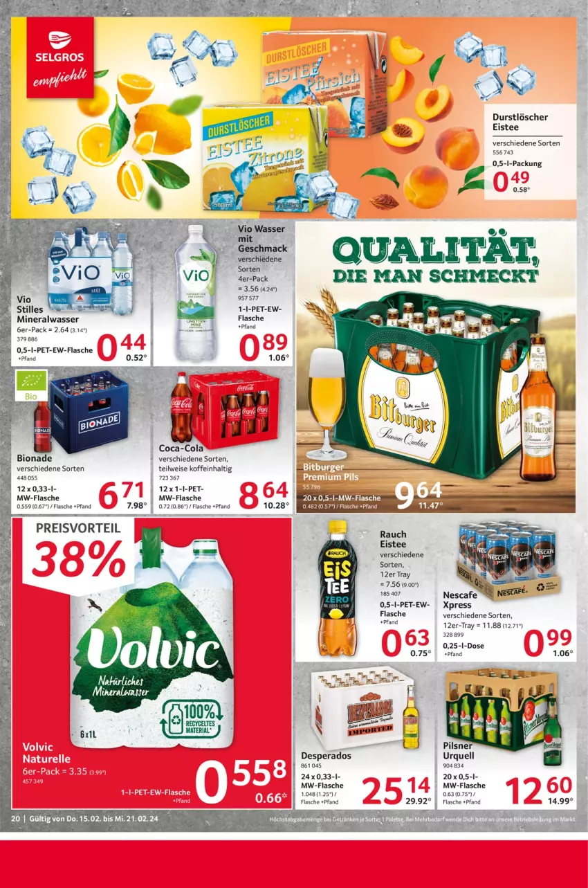 Aktueller Prospekt Selgros - Food - von 15.02 bis 21.02.2024 - strona 20 - produkty: Alwa, bio, bionade, coca-cola, cola, desperados, durstlöscher, eis, eistee, flasche, mac, mineralwasser, mw-flasche, pils, pilsner, reis, tee, Ti, wasser