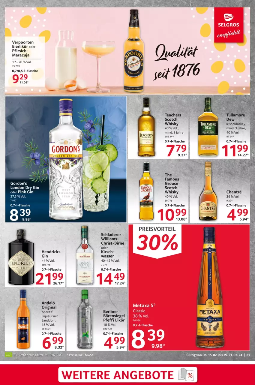 Aktueller Prospekt Selgros - Food - von 15.02 bis 21.02.2024 - strona 21 - produkty: aperitif, berliner, dry gin, eier, eierlikör, eis, flasche, gin, gordon, Gordon’s, irish whiskey, kirsch, likör, liqueur, london dry, london dry gin, maracuja, pfirsich, preisvorteil, reis, sanddorn, Schladerer, scotch, tee, Ti, verpoorten, wasser, whiskey, whisky