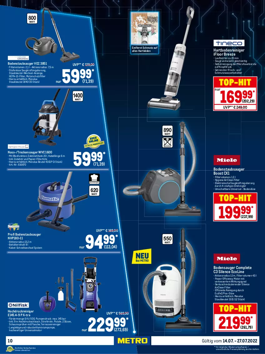 Aktueller Prospekt Metro - Technik Spezial - von 14.07 bis 27.07.2022 - strona 10 - produkty: akku, auto, Behälter, beutel, bodensauger, bodenstaubsauger, bree, bürste, Cien, Dyson, edelstahl, eis, Elektro, elle, ente, flasche, Fugenbürste, Haarentfernung, handstaubsauger, Hartbodenreiniger, hochdruckreiniger, kraft, Leuchte, leuchten, menalux, mikrofaser, papier, reiniger, Reinigung, reis, Roller, Schal, schlauch, sonderposten, staubbeutel, staubsauger, teller, Ti, tisch, top-hit, Trockensauger, Tüte, wandhalterung, wasser, wassertank