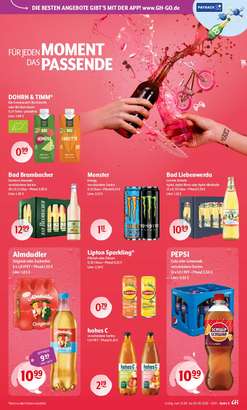 Aktueller Prospekt Getraenke Hoffmann - Prospekte - von 31.08 bis 05.09.2026 - strona 3 - produkty: almdudler, angebot, angebote, apfel, Bad, Bad Liebenwerda, bio, bio gemüse, cola, eis, elle, Garten, gin, Hohes C, limo, limonade, lipton, monster, Monster Energy, pepsi, Pepsi Cola, pfirsich, saft, schorle, Ti, zitrone, zucker