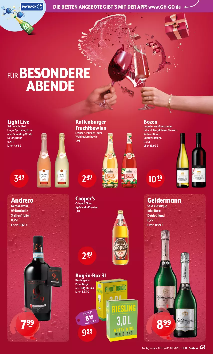 Aktueller Prospekt Getraenke Hoffmann - Prospekte - von 31.08 bis 05.09.2026 - strona 4 - produkty: alkohol, angebot, angebote, apfel, apfelwein, bag-in-box, bowle, burger, burgunder, cider, classico, eis, elle, frucht, geldermann, gin, hugo, katlenburger, Meister, nero, pfirsich, Pinot, pinot grigio, riesling, sekt, Ti, waldmeister, wein, Weißburgunder
