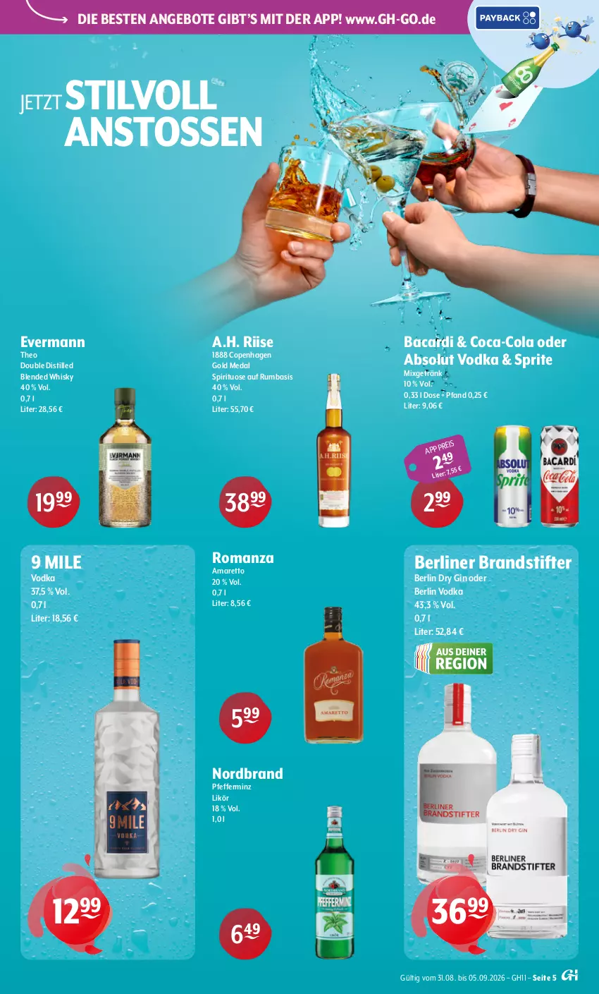 Aktueller Prospekt Getraenke Hoffmann - Prospekte - von 31.08 bis 05.09.2026 - strona 5 - produkty: Absolut Vodka, Amaretto, angebot, angebote, bacardi, berliner, coca-cola, cola, dry gin, eis, getränk, gin, likör, Mixgetränk, nordbrand, pfeffer, rum, sprite, stifte, Ti, vodka, whisky