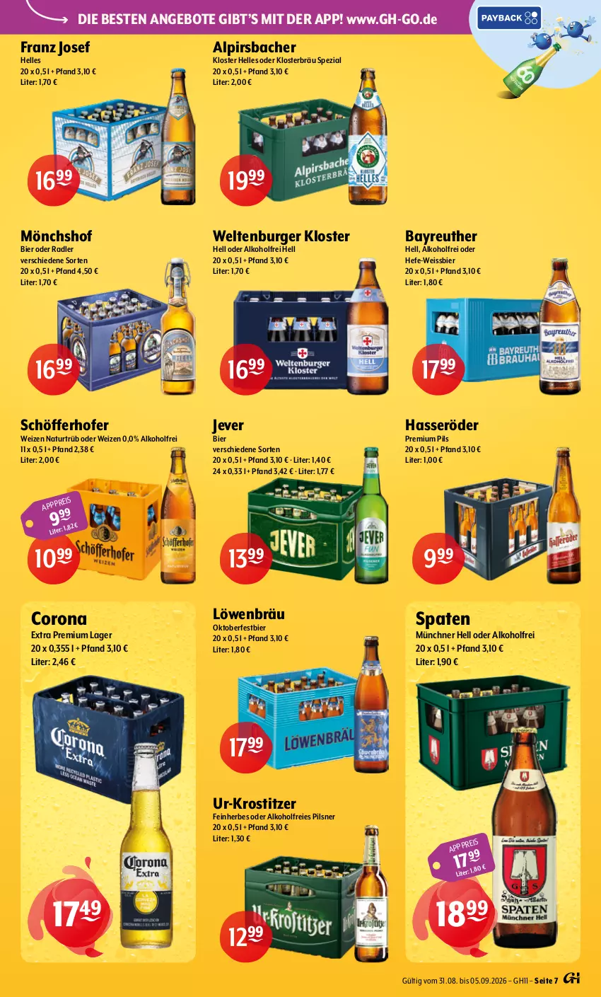 Aktueller Prospekt Getraenke Hoffmann - Prospekte - von 31.08 bis 05.09.2026 - strona 7 - produkty: alkohol, Alpirsbacher, angebot, angebote, bier, burger, corona, eis, elle, hasseröder, Hefe, jever, mönchshof, natur, oder radler, pils, pilsner, premium pils, radler, schöfferhofer, Spaten, Spezi, Ti, weissbier