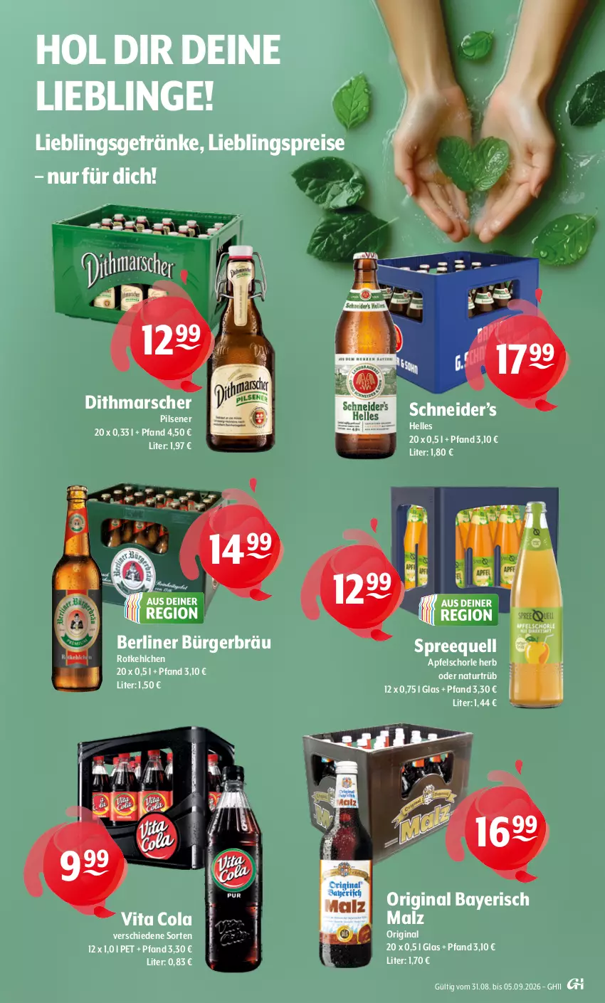 Aktueller Prospekt Getraenke Hoffmann - Prospekte - von 31.08 bis 05.09.2026 - strona 9 - produkty: apfel, Apfelschorle, berliner, cola, eis, elle, getränk, getränke, gin, malz, mars, natur, pils, pilsener, reis, schorle, Spreequell, Ti, vita, Vita C