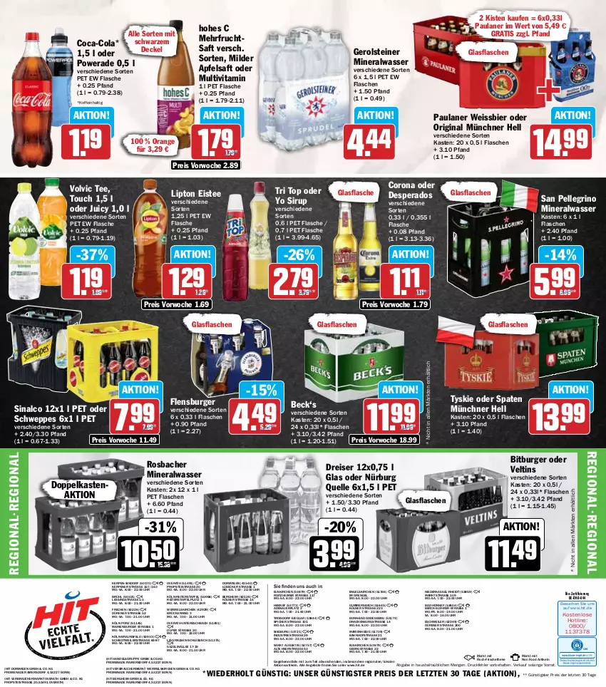 Aktueller Prospekt Hit - Wochenprospekt - von 07.07 bis 12.07.2025 - strona 19 - produkty: Alwa, angebot, angebote, apfel, apfelsaft, auer, Bad, bier, bio, bitburger, braun, burger, coca-cola, cola, corona, decke, Deckel, desperados, eimer, eis, eistee, elle, Engel, fisch, flasche, flensburger, frucht, fruchtsaft, gerolsteine, gerolsteiner, gin, glasflasche, Hohes C, lipton, Lübecker, mineralwasser, orange, Paula, paulaner, Rauch, reis, saft, san pellegrino, schweppes, sinalco, sirup, Spaten, steiner, tee, Ti, tyskie, uhr, veltins, vita, volvic, wasser, weissbier, Yo, ZTE