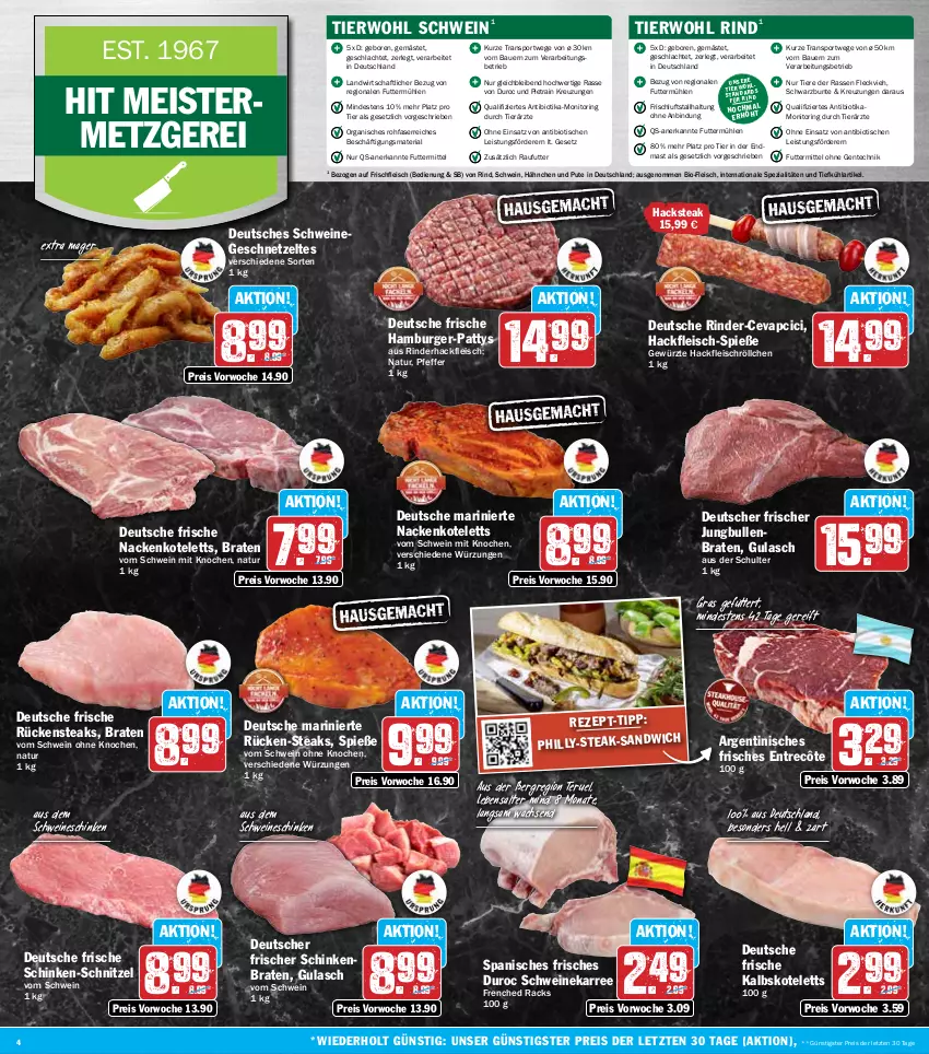 Aktueller Prospekt Hit - Wochenprospekt - von 07.07 bis 12.07.2025 - strona 4 - produkty: auer, Bau, Bauer, bio, braten, burger, cevapcici, eis, ente, entrecôte, fleisch, Geflügel, geschnetzeltes, gewürz, gulasch, hackfleisch, hamburger, jungbullen, kalbskotelett, kotelett, Meister, monitor, nackenkoteletts, natur, pfeffer, pute, reis, Ria, rind, rinder, rinderhackfleisch, ring, Rückensteak, rückensteaks, schinken, schinkenbraten, schnitzel, schwein, schweine, Spezi, Sport, steak, steaks, Ti, Tiere, tisch, wein, weine, Zelt, ZTE
