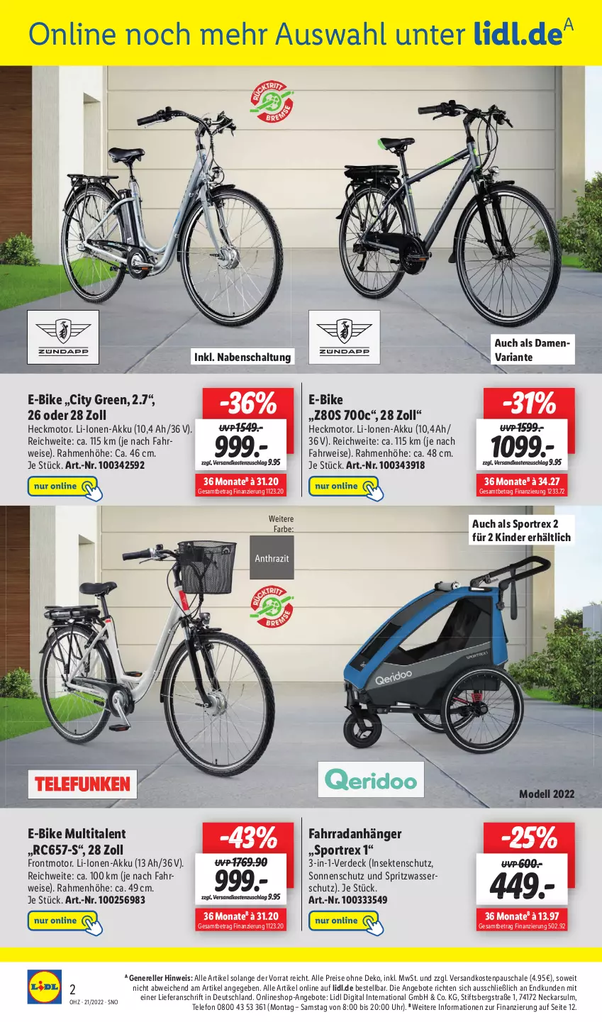 Aktueller Prospekt Lidl - Wochen-Highlights im Onlineshop - von 23.05 bis 29.05.2022 - strona 2 - produkty: akku, angebot, angebote, Anhänger, dell, E-Bike, eis, elle, erde, Fahrrad, insektenschutz, Kinder, Mode, ndk, reis, rel, Ria, rwe, Schal, Schale, sekt, sonnenschutz, Sport, telefon, Ti, uhr, wasser