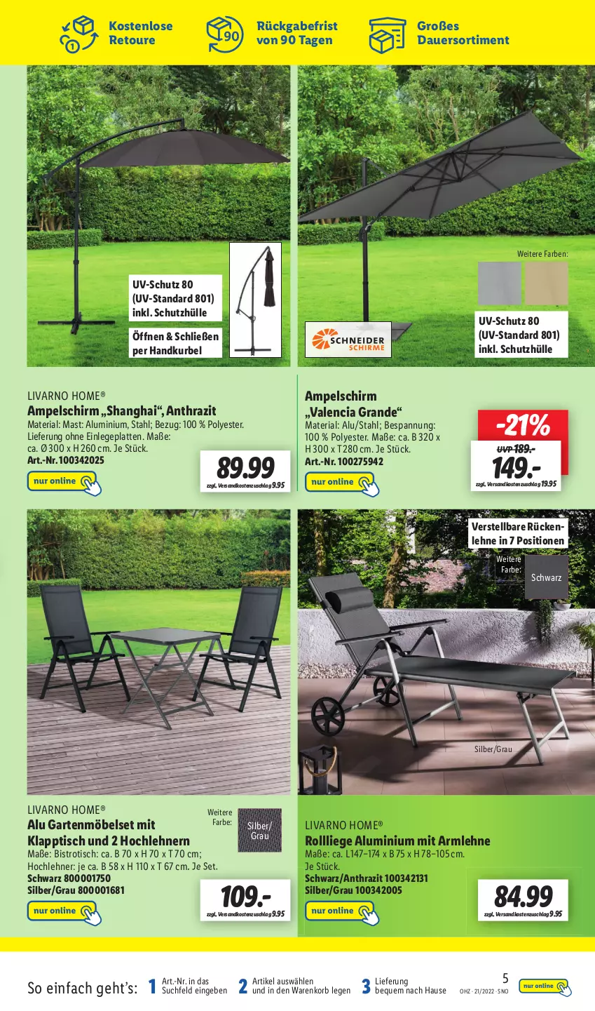 Aktueller Prospekt Lidl - Wochen-Highlights im Onlineshop - von 23.05 bis 29.05.2022 - strona 5 - produkty: ampelschirm, auer, Bistrotisch, Garten, gartenmöbel, klapptisch, korb, latte, Liege, möbel, ndk, Ria, rückenlehne, schutzhülle, Ti, tisch, uv-schutz