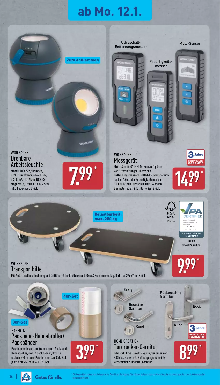 Aktueller Prospekt Aldi Nord - Von Montag - von 12.01 bis 17.01.2026 - strona 18 - produkty: akku, Arbeitsleuchte, batterie, batterien, Bau, braun, deka, dell, edelstahl, elle, Entfernungsmesser, expertiz, garnitur, Germ, gin, Holz, ladekabel, latte, Leuchte, messer, Mode, Packband, Rauch, Ria, Roller, Schal, Sport, Ti, usb, ZTE