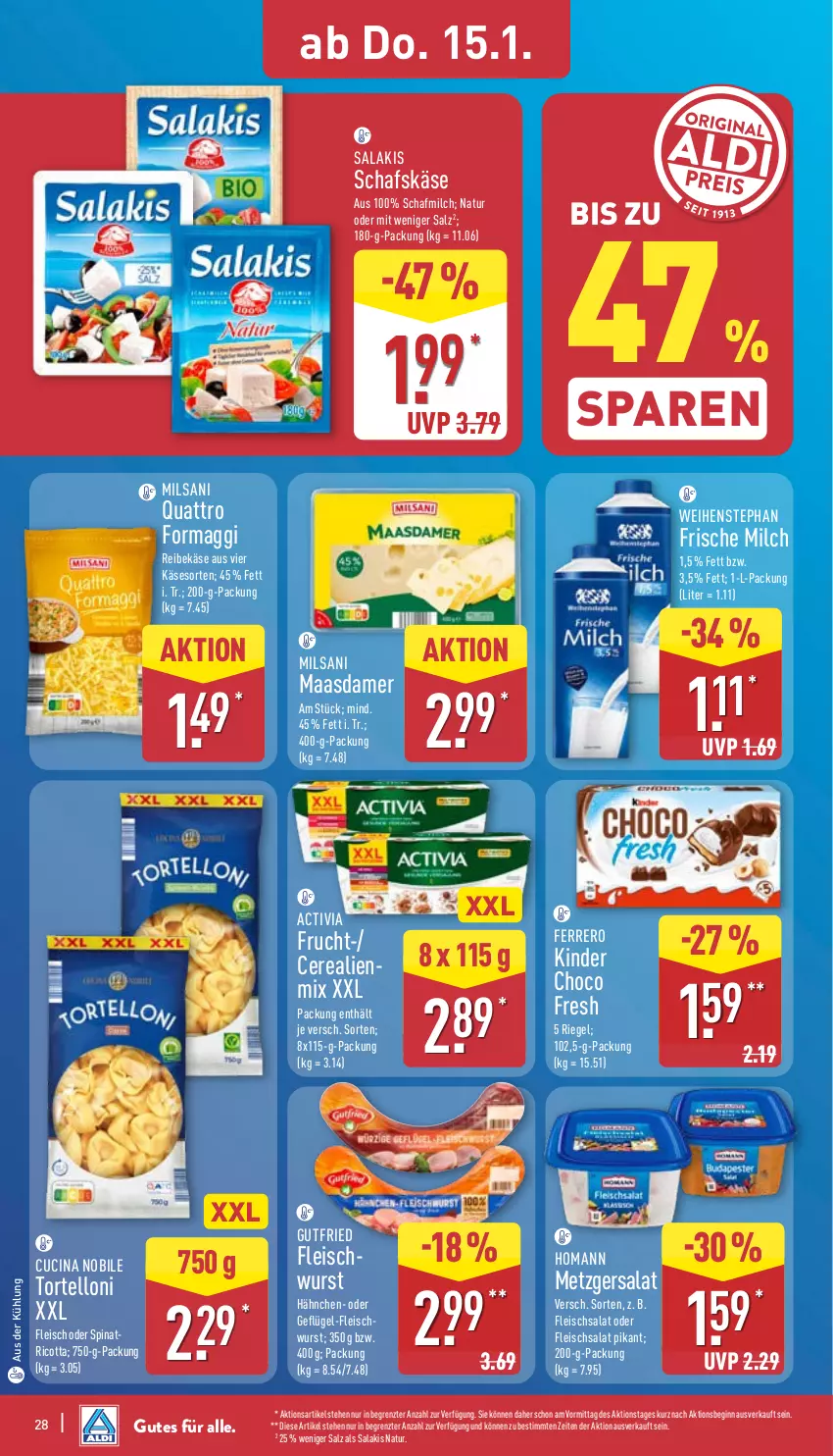 Aktueller Prospekt Aldi Nord - Von Montag - von 12.01 bis 17.01.2026 - strona 30 - produkty: activia, cerealien, choco fresh, cin, eis, ferrero, fleisch, fleischsalat, fleischwurst, frische milch, frucht, Geflügel, Geflügel-Fleischwurst, gin, gutfried, homann, Käse, Kinder, Kinder Choco fresh, Maasdam, maasdamer, maggi, milch, natur, Reibekäse, ricotta, riegel, salakis, salat, salz, schafskäse, spinat, Ti, torte, tortelloni, weihenstephan, wurst, ZTE