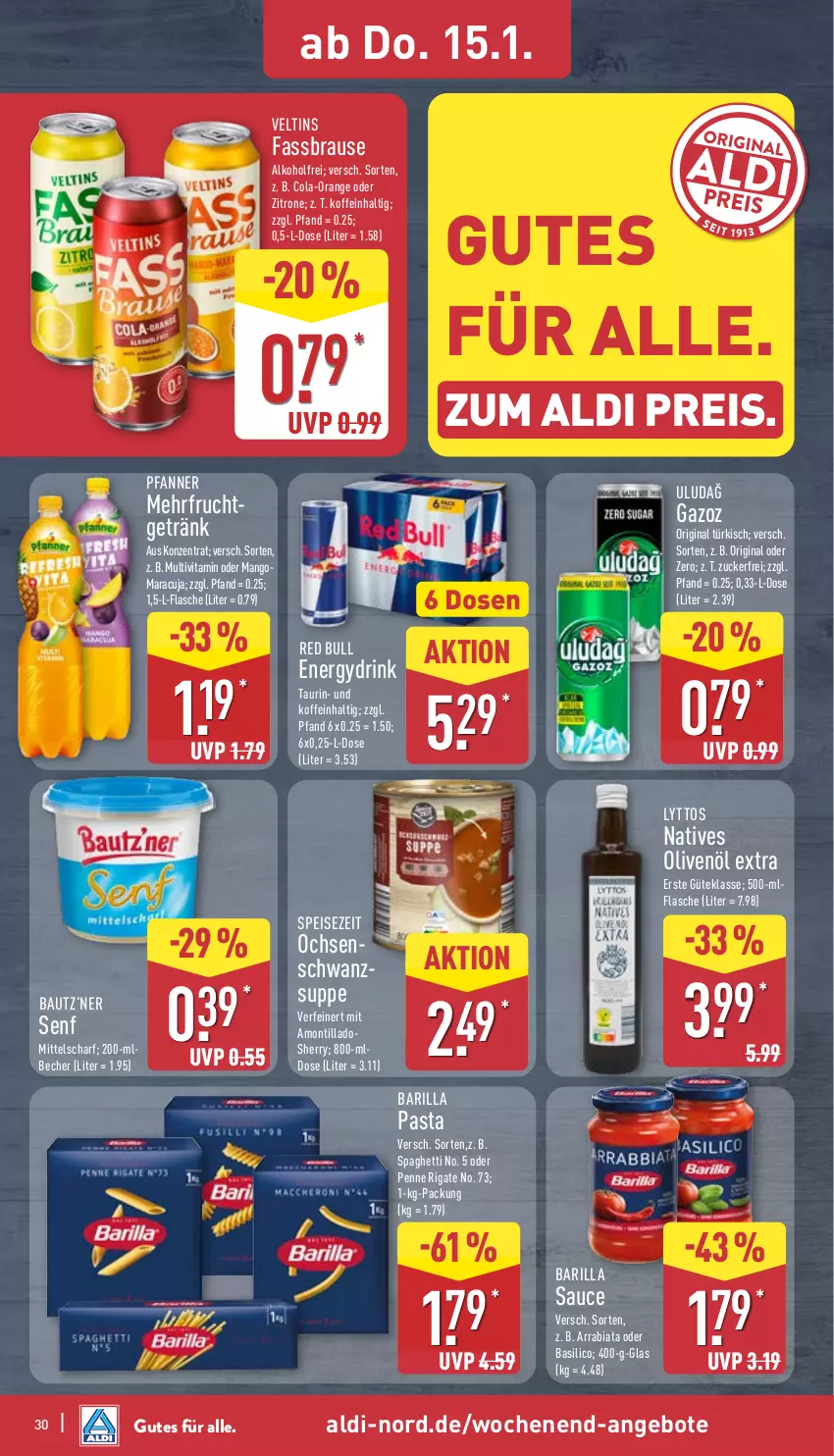 Aktueller Prospekt Aldi Nord - Von Montag - von 12.01 bis 17.01.2026 - strona 32 - produkty: aldi, alkohol, angebot, angebote, barilla, basilico, Bau, Becher, brause, cola, drink, eis, fassbrause, flasche, frucht, getränk, gin, mango, maracuja, natives olivenöl, olive, oliven, olivenöl, olivenöl extra, orange, pasta, penne, penne rigate, pfanne, Pfanner, red bull, reis, sauce, senf, spaghetti, suppe, Ti, veltins, vita, zitrone, zucker