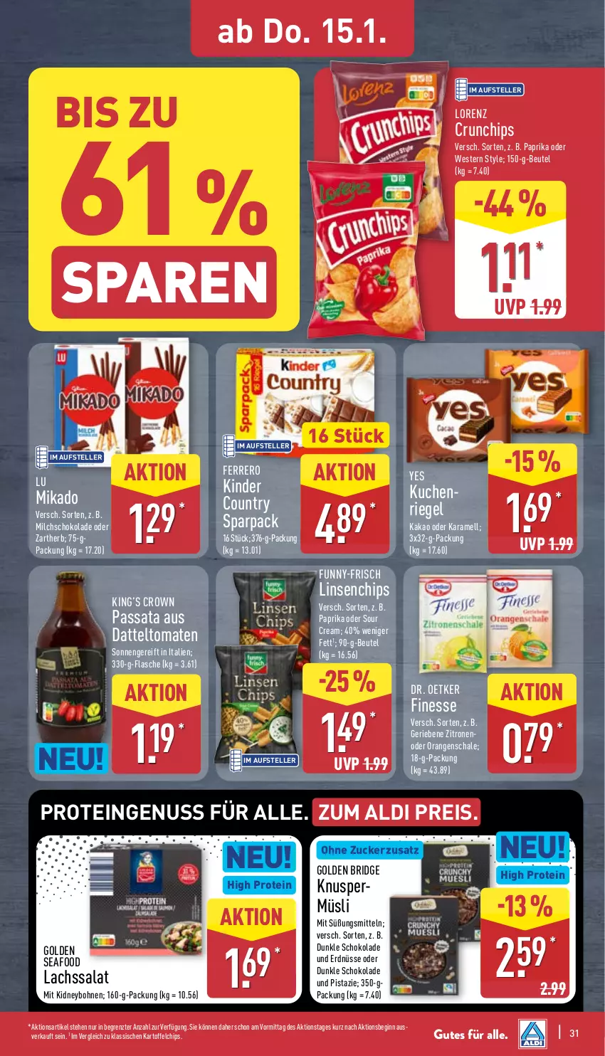 Aktueller Prospekt Aldi Nord - Von Montag - von 12.01 bis 17.01.2026 - strona 33 - produkty: aldi, beutel, bohne, bohnen, chips, crunchips, datteltomaten, Dr. Oetker, eis, elle, erdnüsse, ferrero, finesse, flasche, funny-frisch, gin, kakao, karamell, kartoffel, kartoffelchips, kidney, Kinder, kinder country, Knuspermüsli, kuchen, lachs, linsen, lorenz, mikado, milch, müsli, nuss, orange, orangen, paprika, reis, riegel, salat, Schal, Schale, schoko, schokolade, sour cream, teller, Ti, tomate, tomaten, Weste, zitrone, zitronen, ZTE, zucker