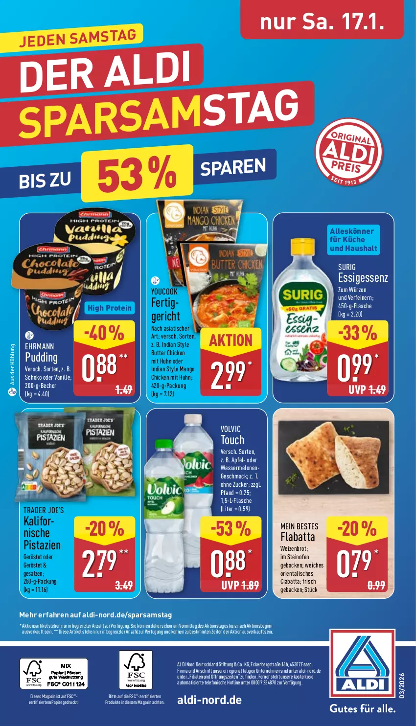 Aktueller Prospekt Aldi Nord - Von Montag - von 12.01 bis 17.01.2026 - strona 34 - produkty: aldi, apfel, auto, Becher, brot, butter, ciabatta, ehrmann, essig, fertiggericht, flasche, geback, gin, küche, mac, magazin, mango, melone, melonen, Ofen, papier, pistazien, pudding, salz, schoko, steinofen, telefon, Ti, tisch, vanille, volvic, wasser, wassermelone, wassermelonen, Weizenbrot, Yo, YouCook, ZTE, zucker