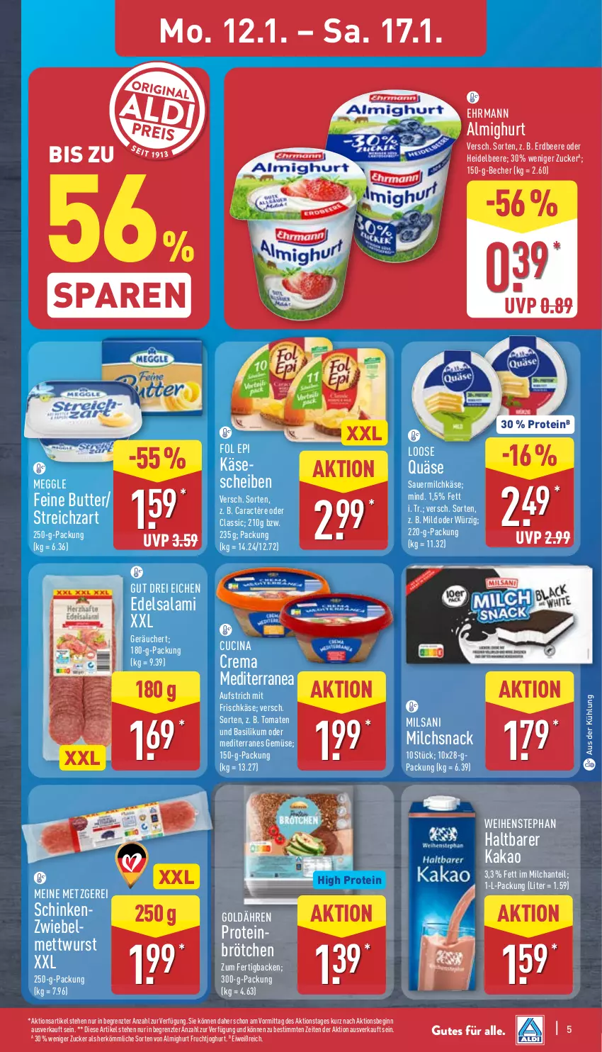 Aktueller Prospekt Aldi Nord - Von Montag - von 12.01 bis 17.01.2026 - strona 5 - produkty: almighur, almighurt, auer, aufstrich, basilikum, Becher, beere, brötchen, butter, caractère, cin, Edelsalami, ehrmann, ehrmann almighurt, erdbeere, fol epi, frischkäse, frucht, fruchtjoghurt, gin, heidelbeere, joghur, joghurt, kakao, Käse, käsescheiben, Loose, meggle, Mett, mettwurst, milch, quäse, salami, Sauermilchkäse, schinken, snack, Streichzart, Ti, tomate, tomaten, weihenstephan, wurst, ZTE, zucker, zwiebel, zwiebelmettwurst