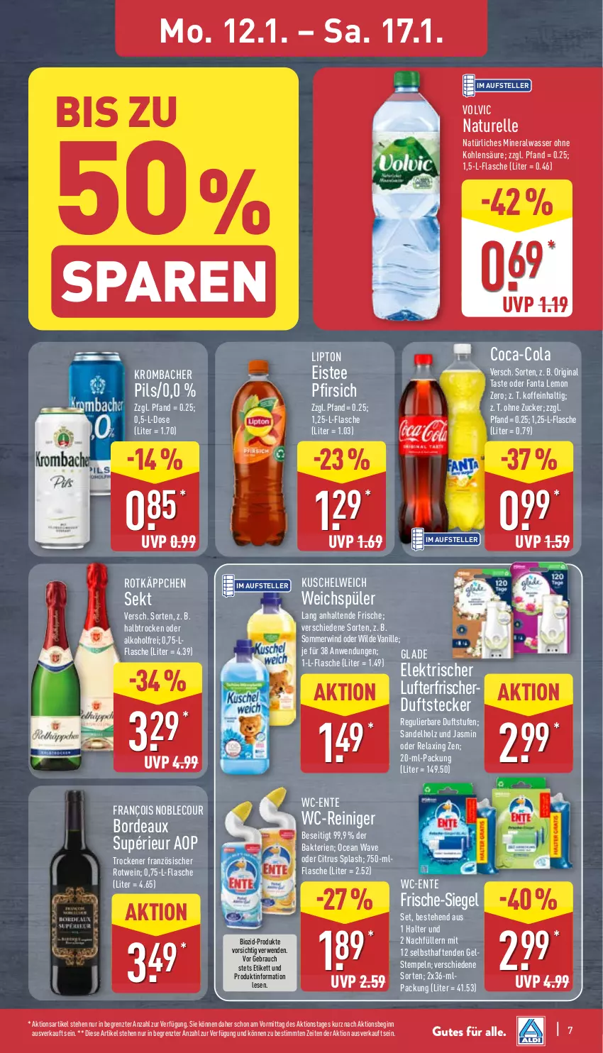 Aktueller Prospekt Aldi Nord - Von Montag - von 12.01 bis 17.01.2026 - strona 7 - produkty: alkohol, Alwa, bio, citrus, coca-cola, cola, eis, eistee, elle, ente, fanta, flasche, gin, Glade, Holz, krombache, krombacher, Kuschelweich, leco, lipton, lufterfrischer, mineralwasser, natur, natürliches mineralwasser, pfirsich, pils, Rauch, reiniger, rel, rotkäppchen, rotwein, rwe, sekt, tee, teller, Ti, vanille, volvic, wasser, wc-reiniger, weichspüler, wein, Wild, ZTE, zucker