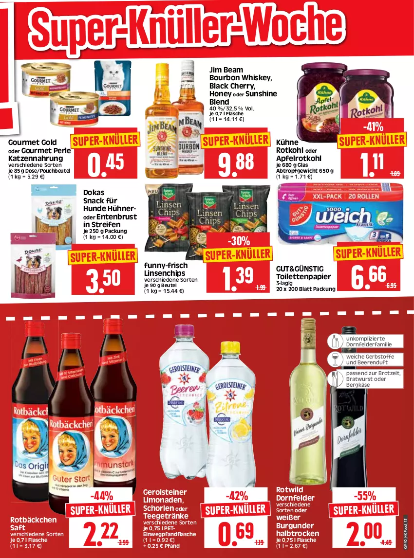 Aktueller Prospekt Edeka - Angebote der Woche - von 02.10 bis 07.10.2023 - strona 13 - produkty: apfel, beere, beeren, Bergkäse, beutel, bourbon, bourbon whiskey, bratwurst, brot, burgunder, chips, dornfelder, ente, Entenbrust, flasche, funny-frisch, gerolsteine, gerolsteiner, getränk, getränke, gourmet gold, hühner, jim beam, Käse, katzennahrung, Kühne, lack, limo, limonade, limonaden, linsen, nero, papier, Pouchbeutel, reifen, rotkohl, saft, schorle, snack, steiner, sunshine, super-knüller, tee, Ti, toilettenpapier, whiskey, Wild, wurst