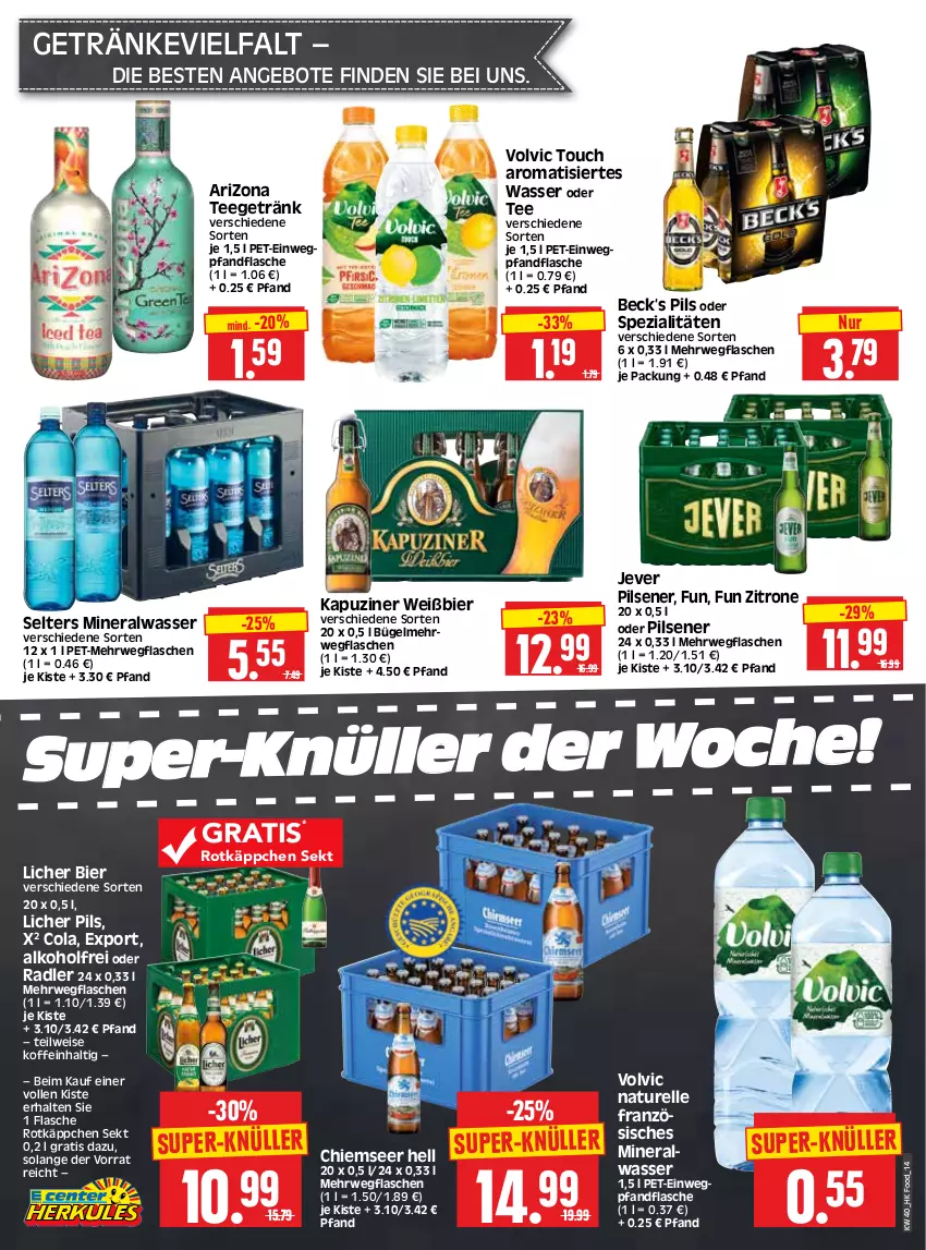 Aktueller Prospekt Edeka - Angebote der Woche - von 02.10 bis 07.10.2023 - strona 14 - produkty: alkohol, Alwa, angebot, angebote, bier, bügel, cola, eis, elle, flasche, getränk, getränke, jever, jever pilsener, mineralwasser, natur, oder radler, pils, pilsener, radler, rel, rotkäppchen, rwe, sekt, Selters, Spezi, super-knüller, tee, Ti, volvic, wasser, zitrone