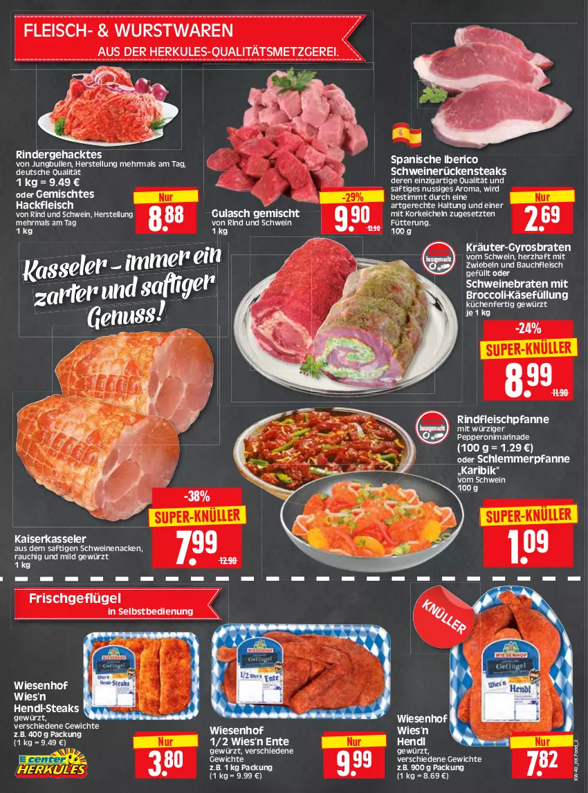 Aktueller Prospekt Edeka - Angebote der Woche - von 02.10 bis 07.10.2023 - strona 2 - produkty: Bau, braten, broccoli, eis, ente, fleisch, Geflügel, gewürz, gulasch, gyros, hackfleisch, Hendl, Herkules, HP, jungbullen, Kaiser, Käse, kasseler, kräuter, küche, Küchen, mac, marinade, mit zwiebeln, nuss, Peroni, pfanne, Rauch, rind, rinder, rindfleisch, Rückensteak, rückensteaks, saft, schwein, schweine, schweinebraten, schweinenacken, schweinerücken, steak, steaks, Ti, wein, weine, wiesenhof, wurst, ZTE, zwiebel, zwiebeln