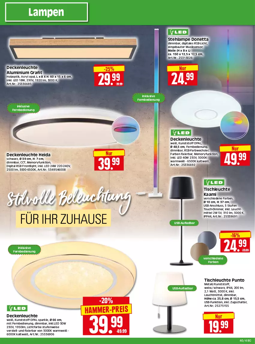 Aktueller Prospekt Edeka - Angebote der Woche - von 02.10 bis 07.10.2023 - strona 24 - produkty: Bau, beleuchtung, decke, deckenleuchte, dimmer, eis, fernbedienung, Holz, Lampe, Leuchte, leuchtmittel, mit fernbedienung, Schal, Stehlampe, Ti, tisch, tischleuchte, usb