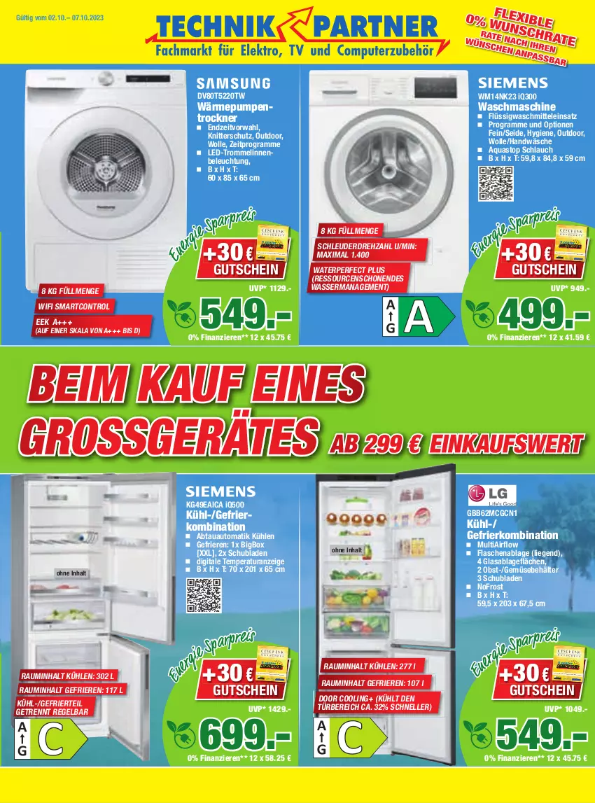 Aktueller Prospekt Edeka - Angebote der Woche - von 02.10 bis 07.10.2023 - strona 39 - produkty: abtauautomatik, aqua, aquastop, auto, Bau, Behälter, beleuchtung, eis, elle, flasche, gefrierkombination, gutschein, K2, lebensmittel, Liege, obst, reis, schlauch, schubladen, Sport, Ti, Trockner, trommel, wärmepumpentrockner, waschmaschine, waschmittel, wasser, wolle