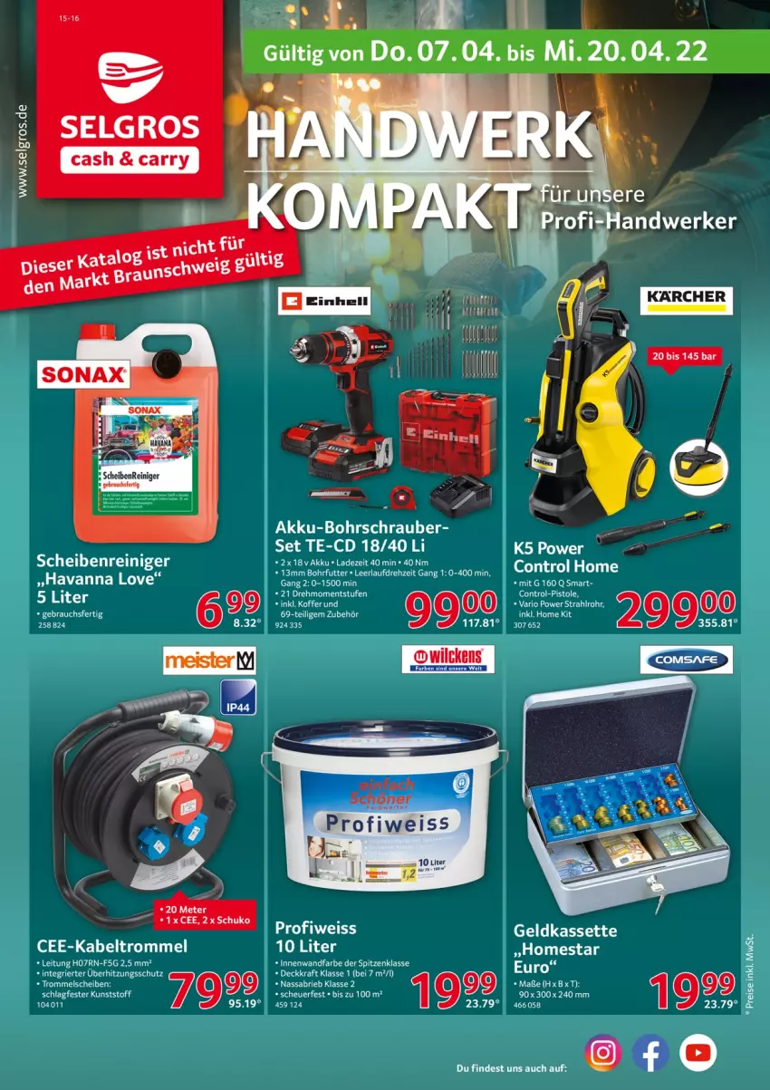 Aktueller Prospekt Selgros - Handwerk - von 07.04 bis 20.04.2022 - strona 1 - produkty: akku, akku-bohrschrauber, Bohrschrauber, brie, eis, Kabeltrommel, kraft, LG, reiniger, Scheibenreiniger, trommel