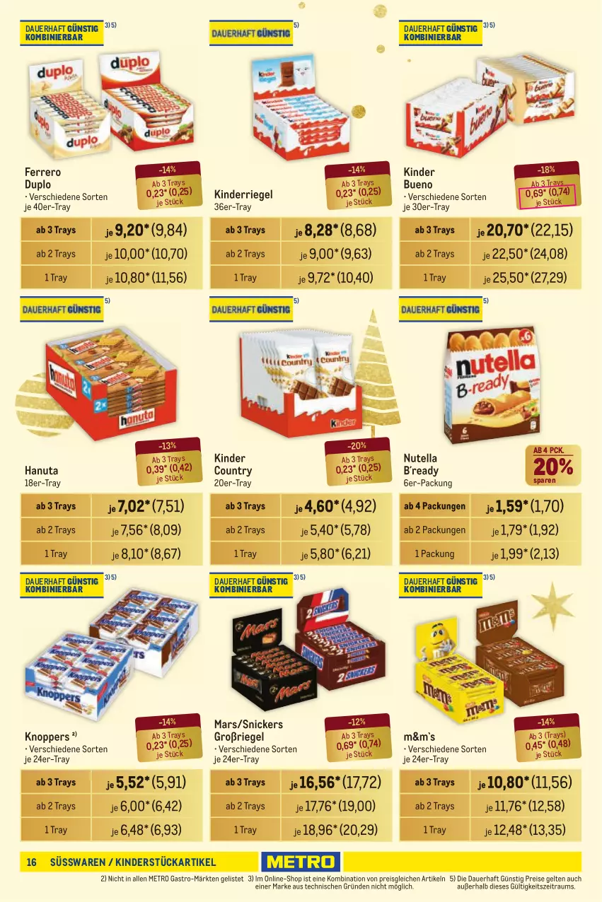 Aktueller Prospekt Metro - Händler Journal - von 14.11 bis 27.11.2024 - strona 16 - produkty: auer, duplo, eis, ferrero, hanuta, Kinder, kinder bueno, kinder country, knoppers, mars, Metro, metro gastro, nutella, reis, riegel, snickers, süsswaren, Ti