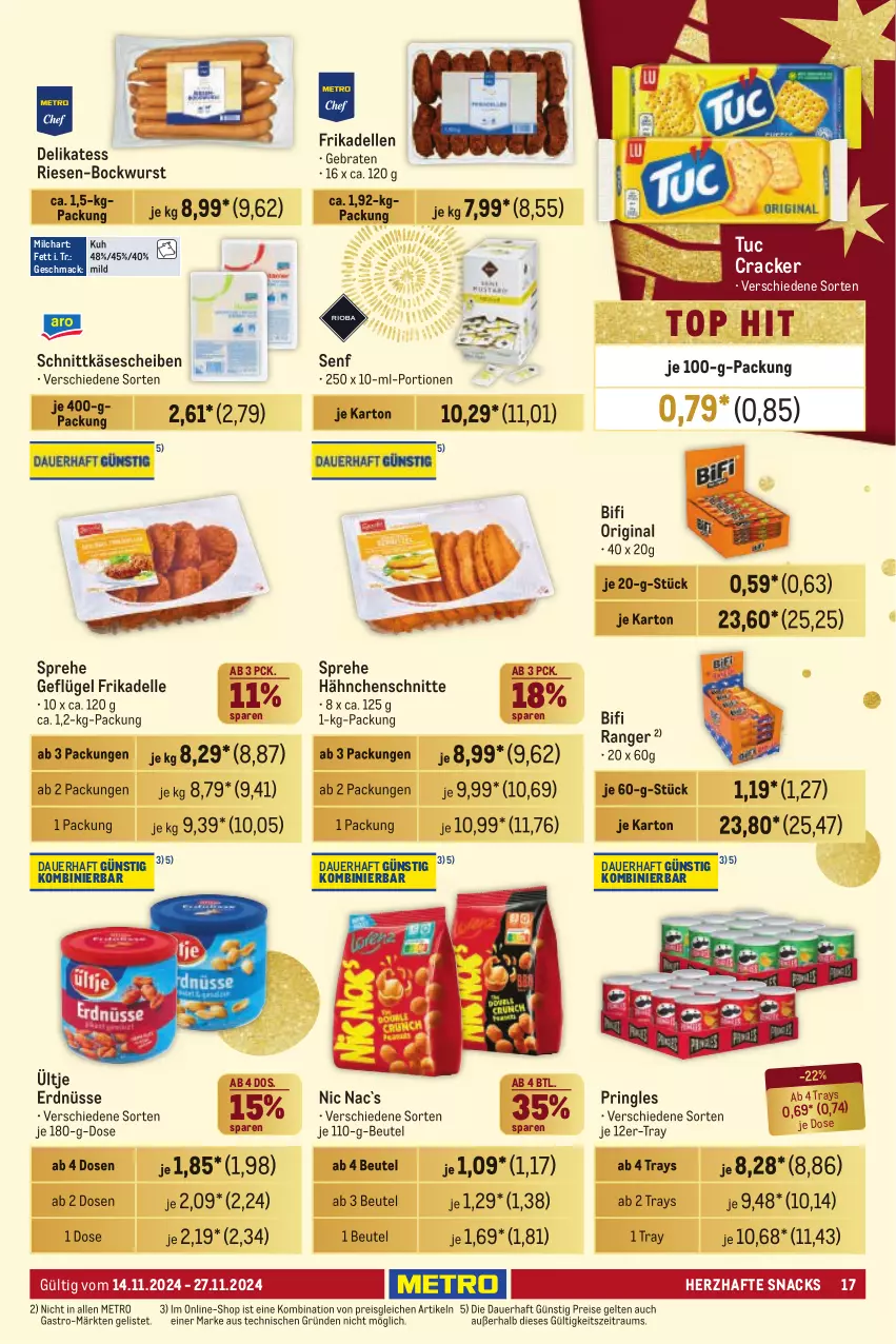 Aktueller Prospekt Metro - Händler Journal - von 14.11 bis 27.11.2024 - strona 17 - produkty: auer, beutel, bifi, bockwurst, braten, cracker, dell, eis, elle, erdnüsse, frikadellen, Geflügel, gin, Käse, käsescheiben, mac, Metro, milch, pringles, reis, ring, schnittkäse, schnittkäsescheiben, senf, snack, snacks, Ti, tuc, ültje, ültje erdnüsse, wurst