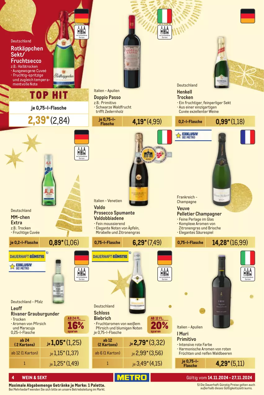 Aktueller Prospekt Metro - Händler Journal - von 14.11 bis 27.11.2024 - strona 4 - produkty: auer, beere, beeren, burgunder, champagne, champagner, cuvée, doppio passo, ecco, eis, elle, ente, flasche, frucht, früchte, früchten, fruchtsecco, getränk, getränke, grauburgunder, henkel, henkell, Henkell Trocken, Holz, maracuja, Palette, passo, perla, pfirsich, primitivo, prosecco, puma, reifen, reis, Rivaner, rotkäppchen, sekt, spumante, Ti, valdo, wein, weine, zitrone, zitronen