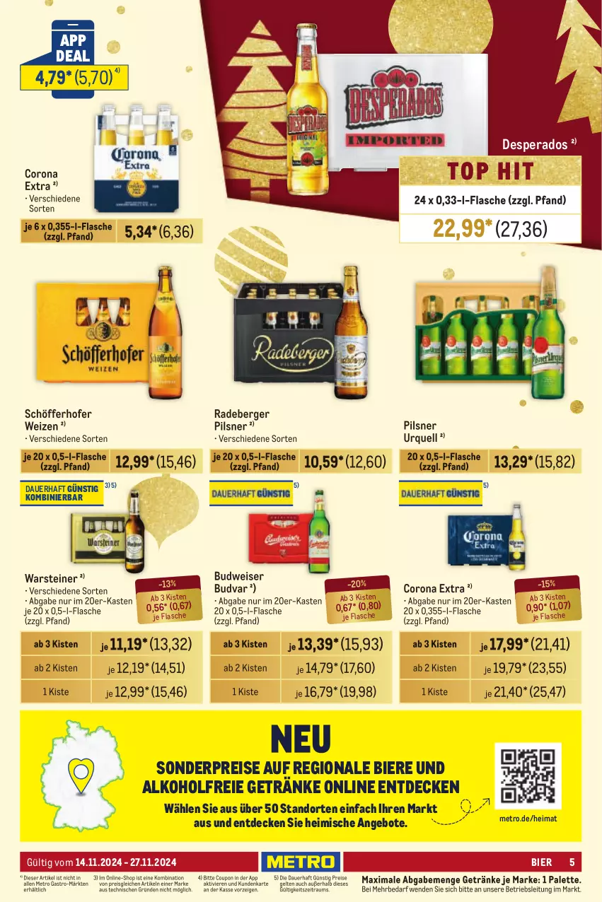 Aktueller Prospekt Metro - Händler Journal - von 14.11 bis 27.11.2024 - strona 5 - produkty: alkohol, alkoholfreie getränke, angebot, angebote, auer, Berger, bier, Biere, budweiser, corona, corona extra, coupon, decke, desperados, eis, flasche, getränk, getränke, Metro, metro gastro, Palette, pils, pilsner, pilsner urquell, radeberger, radeberger pilsner, reis, schöfferhofer, steiner, Ti, warsteiner