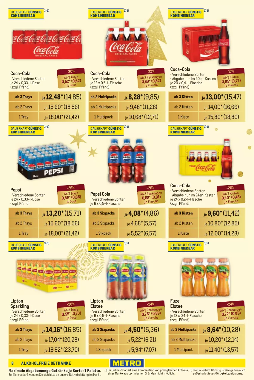 Aktueller Prospekt Metro - Händler Journal - von 14.11 bis 27.11.2024 - strona 8 - produkty: alkohol, alkoholfreie getränke, auer, coca-cola, cola, eis, eistee, flasche, getränk, getränke, lipton, Palette, pepsi, Pepsi Cola, reis, tee, Ti