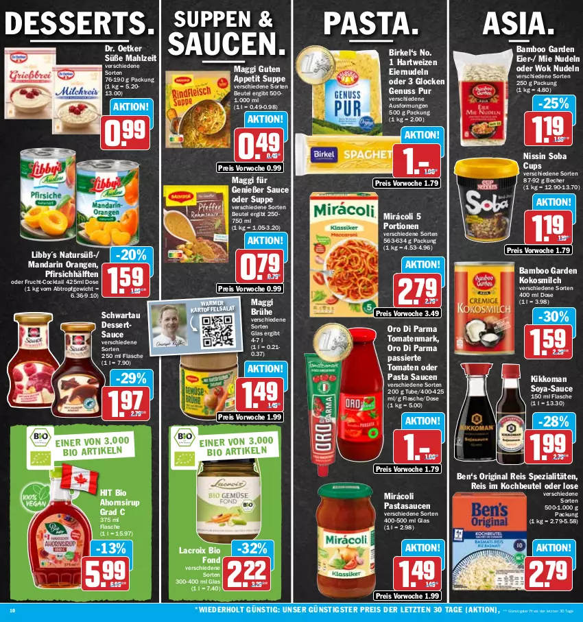 Aktueller Prospekt Hit - Prospekte - von 30.01 bis 04.02.2023 - strona 10 - produkty: bamboo, Becher, beutel, bio, birkel, Brühe, cocktail, dessert, desserts, dessertsauce, Dr. Oetker, eier, eiernudeln, eis, flasche, frucht, gin, hartweizen, kartoffel, kartoffelsalat, kikkoman, kochbeutel, kokos, kokosmilch, maggi, milch, Mirácoli, natur, Nissin, nudel, nudeln, nuss, orange, orangen, oro di parma, pasta, Pasta Sauce, pfirsich, reis, salat, sauce, saucen, Schwartau, sirup, soya, Spezi, suppe, suppen, Ti, tomate, tomaten, tomatenmark, wok, ZTE