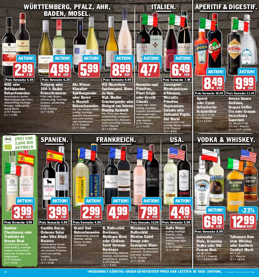 Aktueller Prospekt Hit - Prospekte - von 30.01 bis 04.02.2023 - strona 14 - produkty: ACC, amaro, aperitif, aperol, asti, averna, Bad, burgunder, chardonnay, chia, chianti, dell, eis, ente, finesse, flasche, frucht, früchte, früchten, gallo, Germ, grand sud, grappa, grauburgunder, irish whiskey, kabinett, kräuter, kräuterlikör, lack, likör, monte, Montepulciano, olaz, osborne, Pinot, pinot grigio, primitivo, rebsortenweine, reis, resa, riesling, rotkäppchen, rouge, rum, saft, sauvignon, sauvignon blanc, Southern Comfort, spätburgunder, Ti, tisch, tullamore, tullamore dew, vodka, wein, weine, whiskey, ZTE