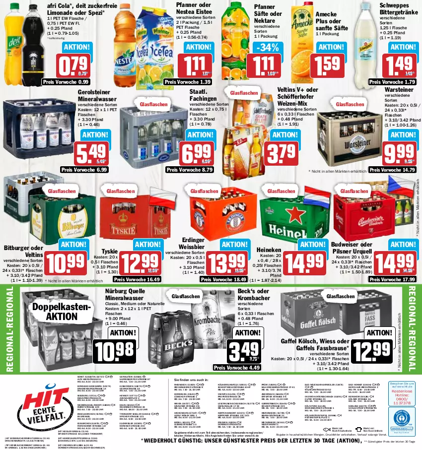 Aktueller Prospekt Hit - Prospekte - von 30.01 bis 04.02.2023 - strona 16 - produkty: Afri Cola, Alwa, amecke, angebot, angebote, auer, Bad, bier, bitburger, braun, brause, budweiser, burger, cola, deit, drucker, eimer, eis, eistee, elle, Engel, erdinger, fassbrause, fisch, flasche, gerolsteine, gerolsteiner, getränk, getränke, glasflasche, heineken, kerze, krombache, krombacher, krombacher pils, limo, limonade, Lübecker, mineralwasser, natur, Nektar, Nestea, pfanne, Pfanner, pils, pilsner, pilsner urquell, Rauch, reis, rel, rwe, säfte, schöfferhofer, schweppes, Spezi, Staatl. Fachingen, steiner, tee, Ti, tyskie, uhr, veltins, warsteiner, wasser, weissbier, ZTE, zucker