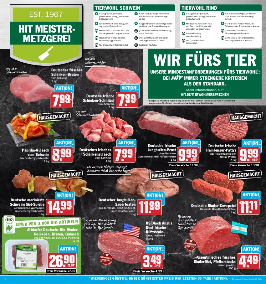 Aktueller Prospekt Hit - Prospekte - von 30.01 bis 04.02.2023 - strona 4 - produkty: auer, Bau, Bauer, beef, bio, braten, burger, cevapcici, eis, filet, fleisch, Geflügel, gewürz, gulasch, hackfleisch, hamburger, hüftsteak, hüftsteaks, jungbullen, küche, Küchen, lack, mais, Meister, monitor, natur, paprika, pfeffer, pute, reis, Ria, rind, rinder, rinderfilet, rinderhackfleisch, Rinderroulade, rinderrouladen, ring, rouladen, schinken, schnitzel, schwein, schweine, schweinefilet, Spezi, Sport, steak, steaks, Ti, Tiere, tisch, wein, weine, ZTE