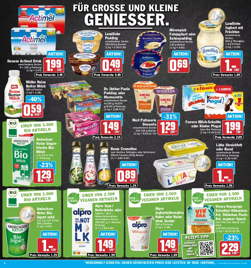 Aktueller Prospekt Hit - Prospekte - von 30.01 bis 04.02.2023 - strona 8 - produkty: actimel, actimel drink, alpro, andechser natur, becel, Becher, bio, butter, creme, danone, danone actimel drink, dessert, desserts, Dr. Oetker, drink, drinks, eis, feinjoghurt, ferrero, filet, fisch, flasche, früchte, früchten, hafer, Haferdrink, joghur, joghurt, jogurt, Käse, Kinder, kinder pingui, landliebe, landliebe joghurt, lätta, leine, marmorette, merl, milch, milch-schnitte, mövenpick, Müller, natur, Paula, paula pudding, pingui, pudding, rama, rama cremefine, reis, sahne, sauce, schnitzel, senf, Skyr, soja, Speck, spinat, Ti, ZTE, zucker