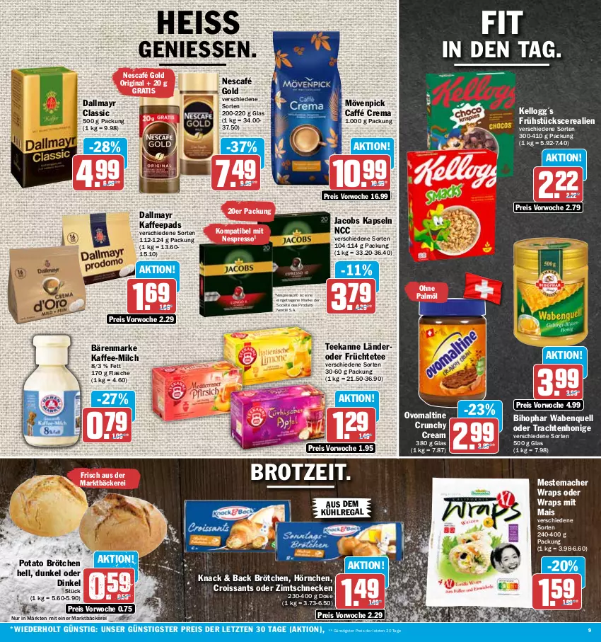 Aktueller Prospekt Hit - Prospekte - von 30.01 bis 04.02.2023 - strona 9 - produkty: aus dem kühlregal, bärenmarke, bihophar, brot, brötchen, cerealien, Croissant, croissants, dallmayr, eis, espresso, flasche, früchte, Früchtetee, gin, honig, hörnchen, jacobs, kaffee, kaffeepads, kühlregal, mac, mais, mestemacher, milch, mövenpick, Nescafé, nescafé gold, nespresso, nestlé, ohne palmöl, ovomaltine, regal, reis, tee, teekanne, Ti, wrap, wraps, ZTE