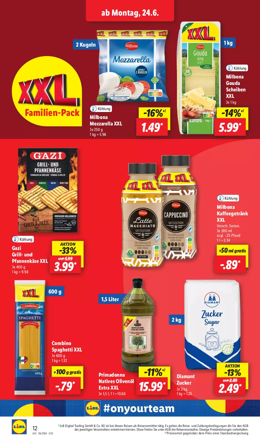 Aktueller Prospekt Lidl - Aktionsprospekt - von 24.06 bis 29.06.2024 - strona 16 - produkty: Bona, eis, getränk, gouda, grill, kaffee, Käse, Kugel, Milbona, mozzarella, natives olivenöl, olive, oliven, olivenöl, olivenöl extra, pfanne, pfannen, pfannenkäse, preisvorteil, reis, reiseveranstalter, rel, spaghetti, Ti, und pfanne, zucker