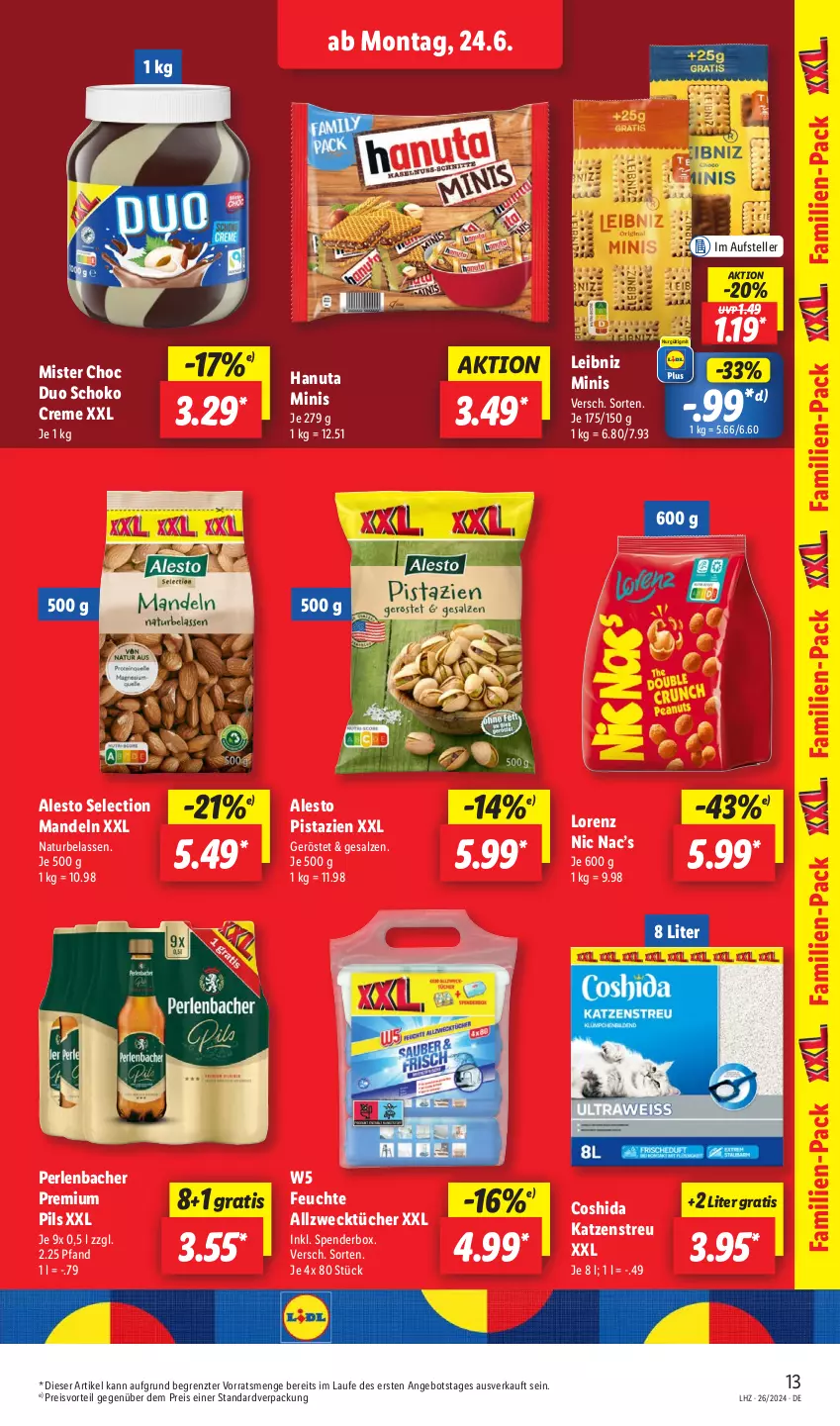 Aktueller Prospekt Lidl - Aktionsprospekt - von 24.06 bis 29.06.2024 - strona 17 - produkty: alesto, Allzwecktücher, angebot, Coshida, creme, eis, elle, hanuta, Katzenstreu, leibniz, lorenz, mandel, mandeln, natur, perlen, pils, pistazien, preisvorteil, premium pils, reis, salz, schoko, teller, Ti, tücher, weck, ZTE