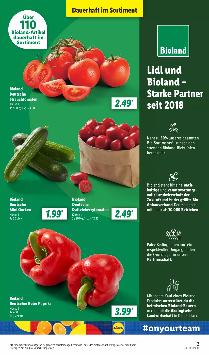 Aktueller Prospekt Lidl - Aktionsprospekt - von 24.06 bis 29.06.2024 - strona 3 - produkty: angebot, auer, Bau, Bauer, bio, bioland, cherrytomaten, gurke, gurken, paprika, Rauch, strauchtomaten, Ti, tomate, tomaten, ZTE