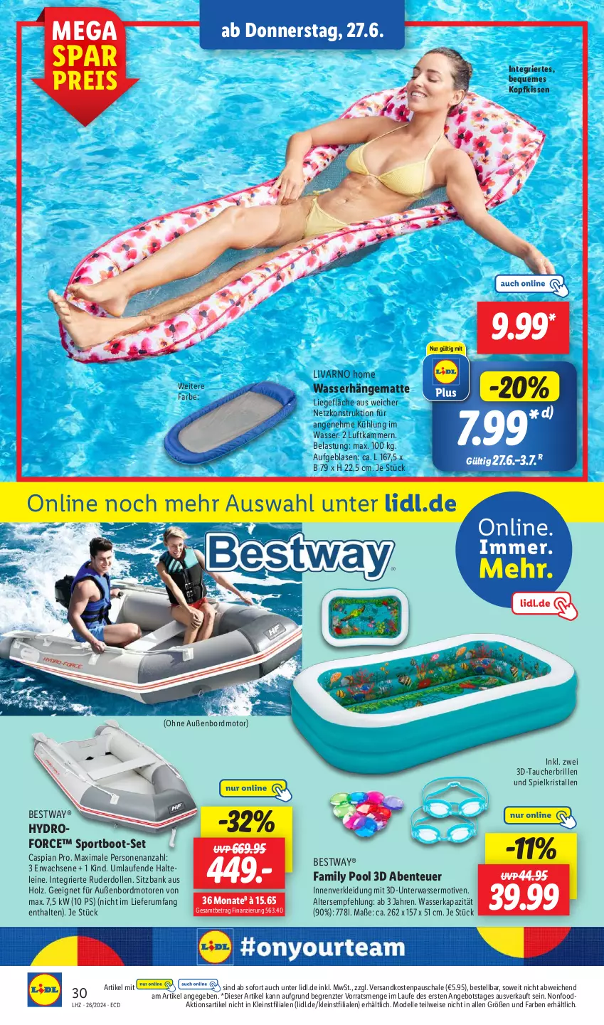 Aktueller Prospekt Lidl - Aktionsprospekt - von 24.06 bis 29.06.2024 - strona 40 - produkty: angebot, Bank, bestway, Brille, dell, eis, elle, ente, family pool, hängematte, Holz, kissen, kleid, Kleidung, kopfkissen, Laufen, leine, Liege, Mode, ndk, pool, reis, rum, Schal, Schale, sitzbank, Sport, Taucherbrille, Ti, wasser, Wasserhängematte, ZTE